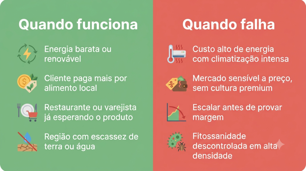 fazendas verticais urbanasDiagrama de oito condições de viabilidade organizadas em dois grupos: "condições que sustentam o modelo" (energia renovável ou barata, cultura premium, canal garantido, localização com escassez de terra ou água) e "condições que derrubam o modelo" (eletricidade cara com HVAC intenso, cultura commodity, expansão antes de margem provada, fitossanidade descontrolada em alta densidade).