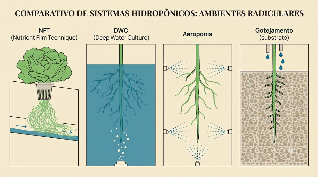 sistema hidropônicoDiagrama dos quatro sistemas lado a lado mostrando o ambiente radicular em cada um (NFT com lâmina fina fluindo, DWC com raízes submersas, aeroponia com raízes suspensas recebendo névoa e gotejamento com raízes em substrato recebendo gotas)