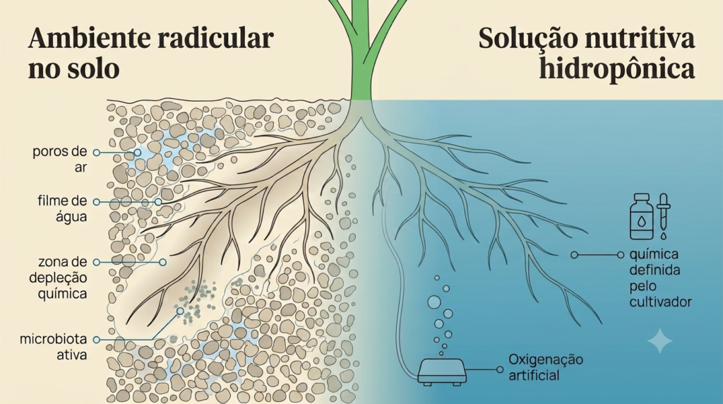 fisiologia vegetal hidroponiaDiagrama lado a lado do ambiente radicular no solo (matriz sólida com poros de ar e água, microbiota ativa, gradientes químicos e zonas de depleção ao redor da raiz) e em solução nutritiva hidropônica (volume líquido homogêneo, sem matrix sólida, oxigenação artificial por bomba de ar, química definida pelo cultivador)