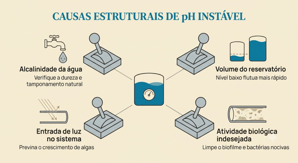 pH instável hidroponiaDiagrama das quatro causas estruturais de pH instável (alcalinidade da água, volume insuficiente do reservatório, entrada de luz no sistema e atividade biológica indesejada), organizadas como quatro alavancas que o cultivador precisa verificar antes de usar pH Up ou pH Down.