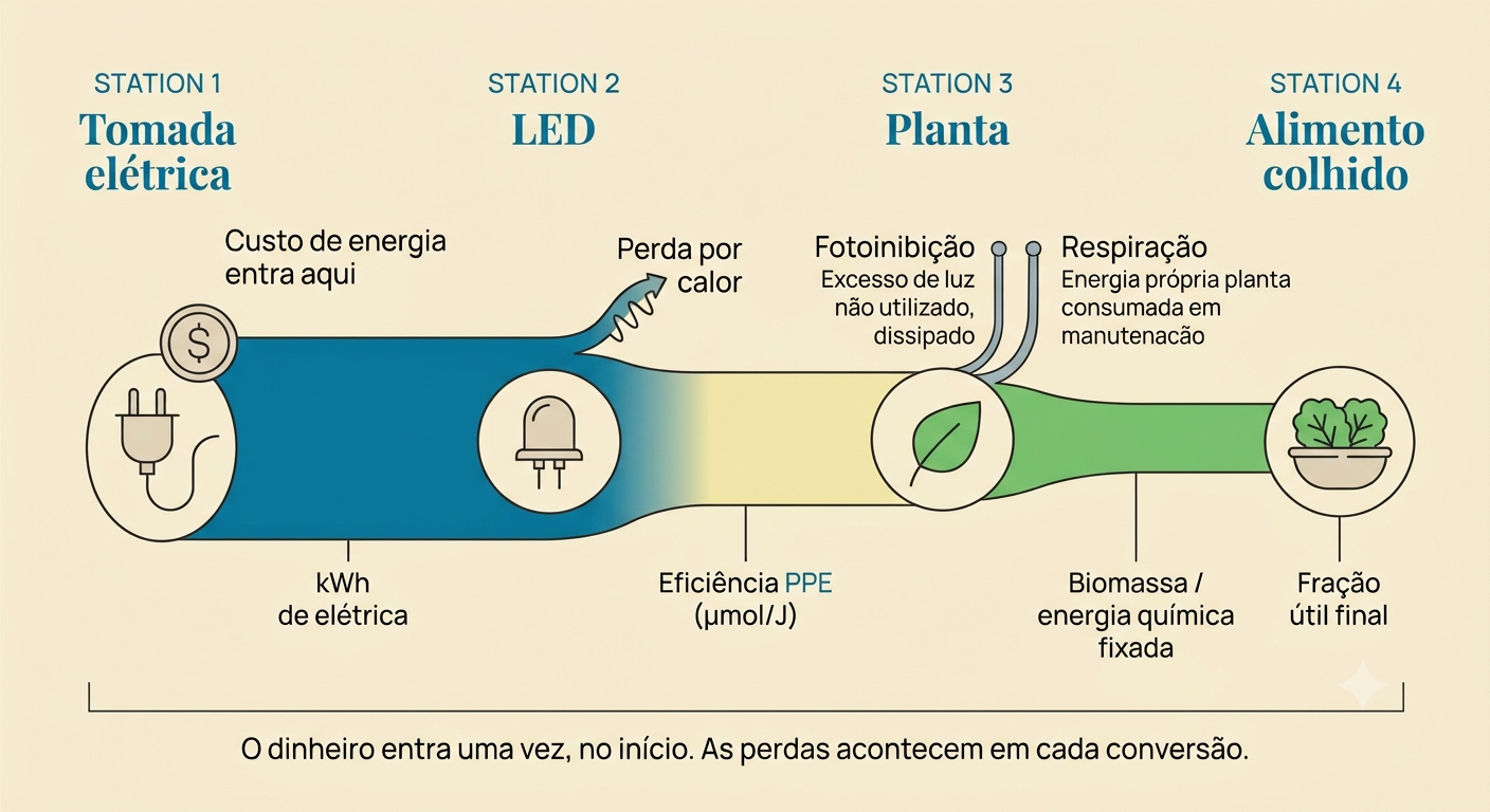 cultivo indoor apartamento sem luz solarDiagrama da cadeia de conversão: tomada elétrica → LED (conversão kWh em fótons, com eficiência PPE) → planta (conversão fótons em biomassa, com perdas por fotoinibição e respiração) → alimento colhido, com anotações mostrando onde o dinheiro entra e onde as perdas reduzem a eficiência. 