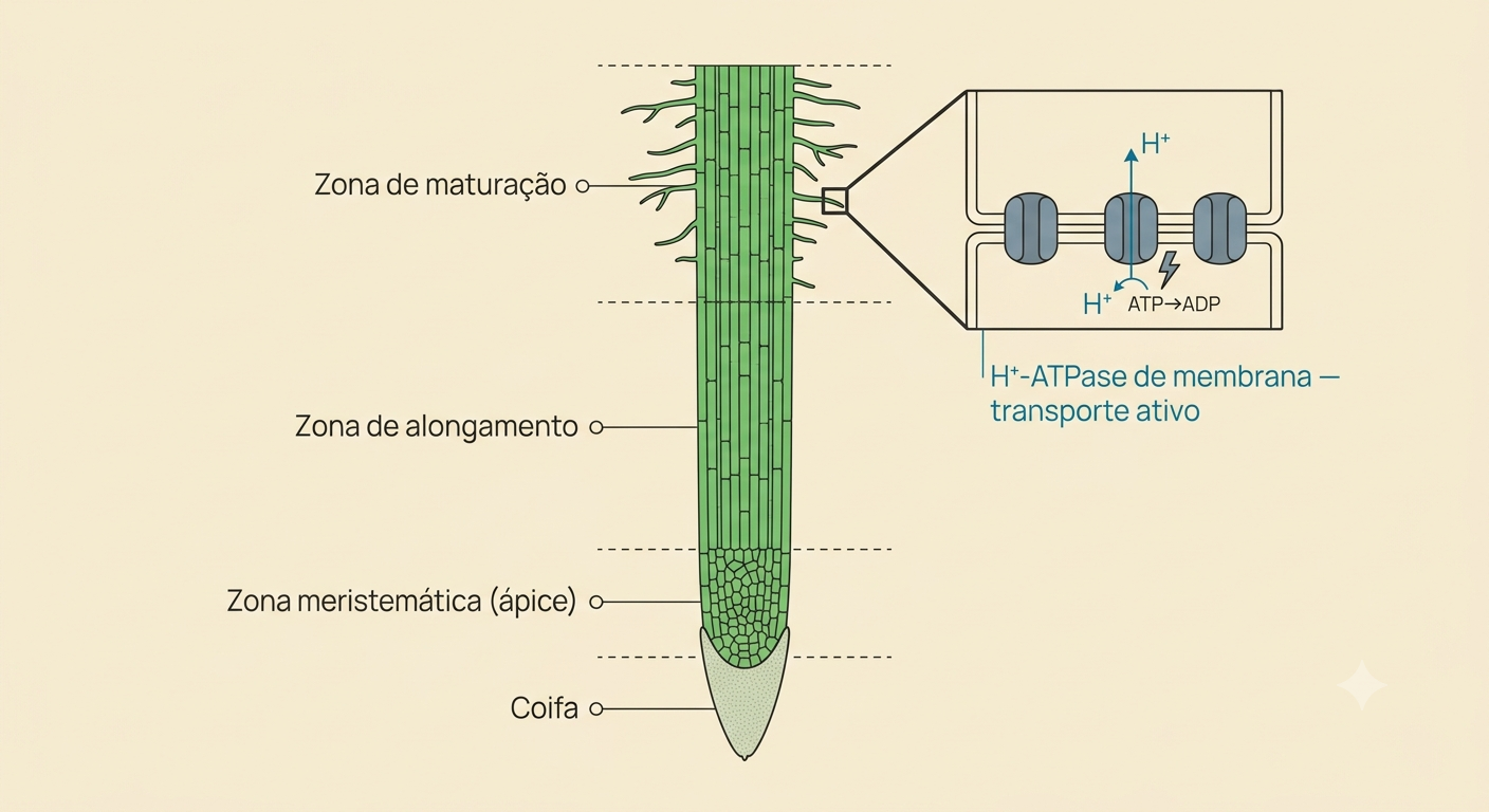  raiz em hidroponiaDiagrama da anatomia funcional da raiz mostrando as quatro zonas (coifa e ápice meristemático, zona de alongamento, zona de maturação com pelos radiculares ativos), e indicação das H+-ATPases de membrana como bombas de transporte ativo.