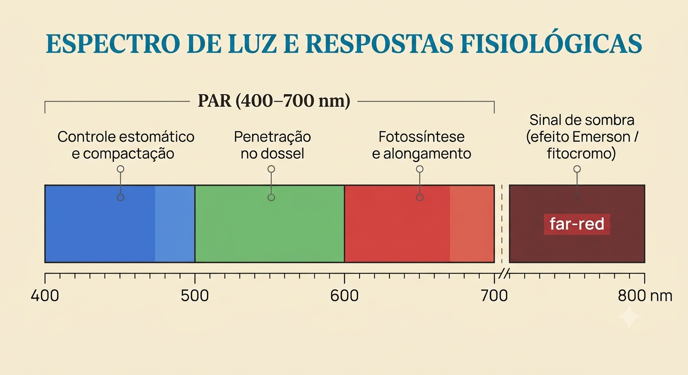 fotossíntese cultivo indoorDiagrama do espectro eletromagnético com o intervalo PAR (400–700 nm) destacado, mostrando as regiões azul (400–500 nm), verde (500–600 nm) e vermelho (600–700 nm) com anotações das funções fisiológicas de cada uma, mais far-red (700–800 nm) separado com sua função de sinal de sombra.
