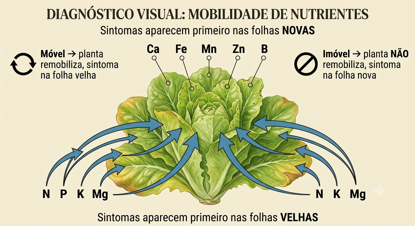 deficiência de nutrientes hidroponiaDiagrama de uma planta mostrando a direção dos sintomas por mobilidade: setas de folhas velhas para novas para nutrientes móveis (N, P, K, Mg), com marcação nas folhas novas e ponteiros para nutrientes imóveis (Ca, Fe, Mn, Zn, B). 