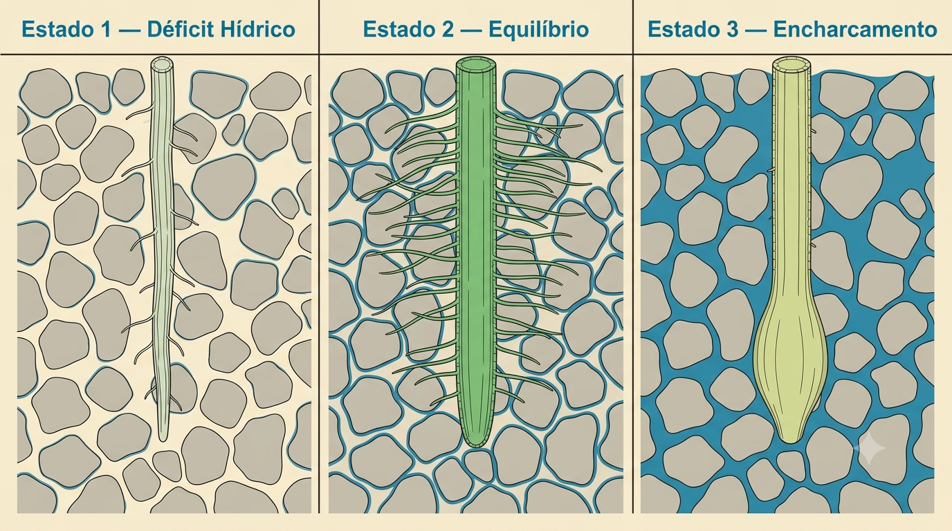 ciclo de irrigação hidroponiaCorte transversal da zona radicular em três estados: déficit hídrico (poros secos, raiz contraída), equilíbrio (poros com água e ar em proporção balanceada, raiz túrgida) e encharcamento (poros saturados de água, raiz sob hipóxia)