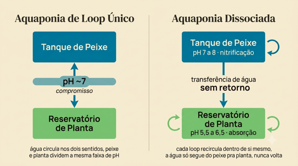 Diagrama comparando dois sistemas lado a lado. À esquerda, aquaponia de loop único, com uma seta bidirecional entre tanque de peixe e reservatório de planta e uma faixa de pH única em torno de 7 marcada como "compromisso". À direita, aquaponia dissociada, com dois circuitos fisicamente separados, o loop do peixe com pH 7 a 8 (nitrificação) e o loop da planta com pH 5,5 a 6,5 (absorção), conectados por uma única seta de transferência de água do peixe para a planta, sem retorno. aquaponia dissociada